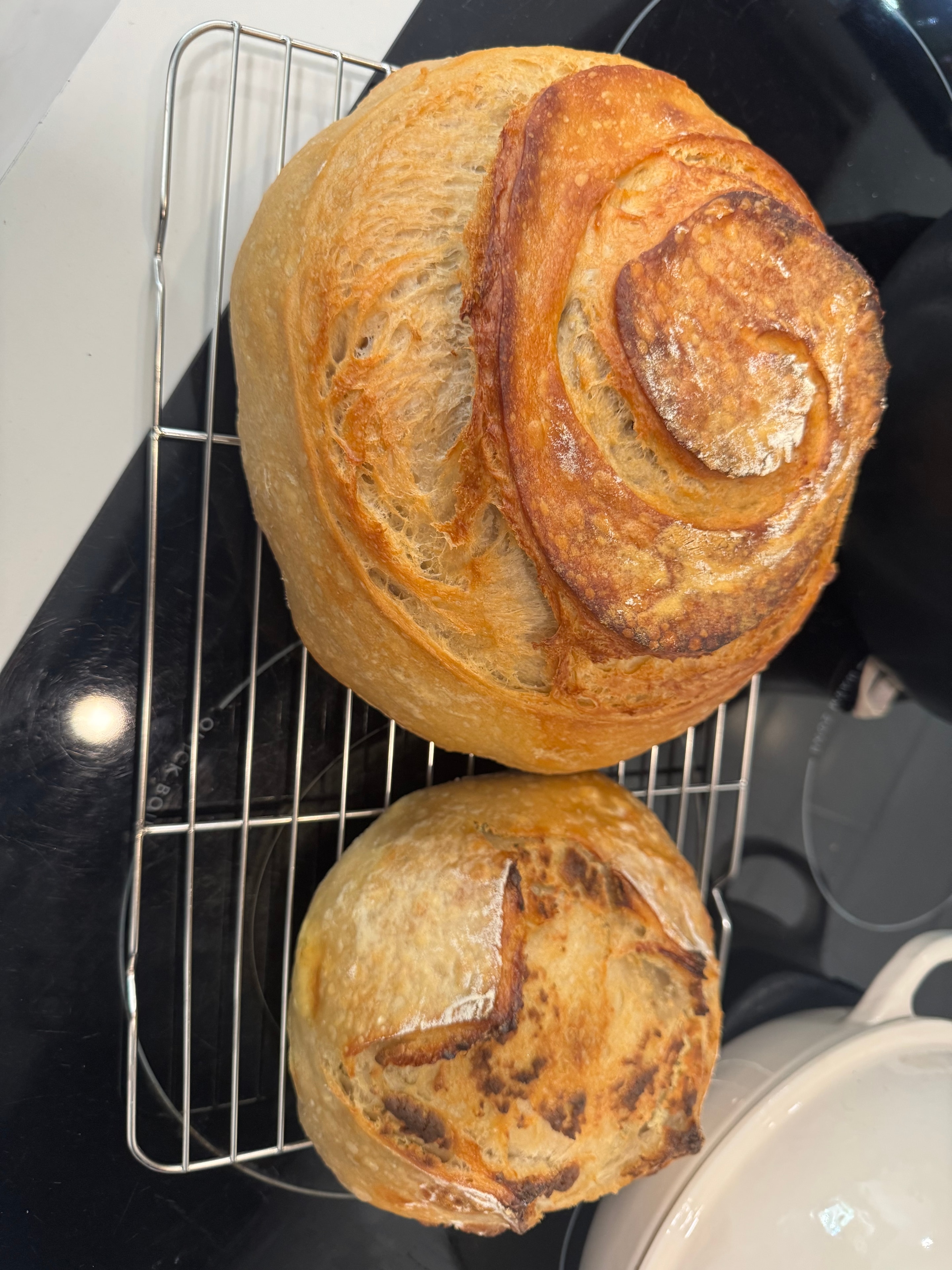 Two fresh sourdough loaves cooling on a rack